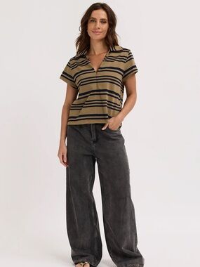Apero Alba Stripe Zip Front Tee - Khaki / Navy Plus Size 3X